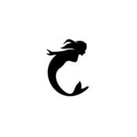 zeemeermin-logo, silhouet van een mooie zeemeermin met lang haar onder water. vector