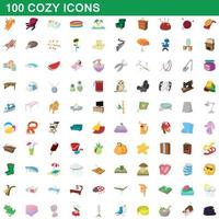 100 gezellige iconen set, cartoon stijl vector