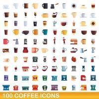 100 koffie iconen set, cartoon stijl vector