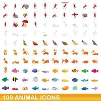100 dieren iconen set, cartoon stijl vector