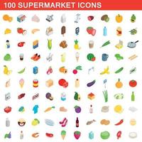 100 supermarkt iconen set, isometrische 3D-stijl vector