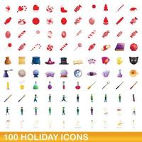 100 vakantie iconen set, cartoon stijl vector