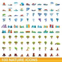 100 natuur iconen set, cartoon stijl vector