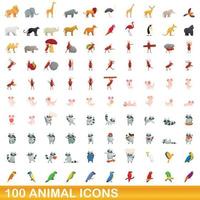 100 dieren iconen set, cartoon stijl vector