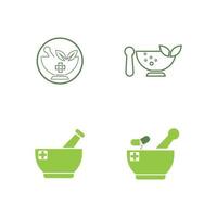 apotheek pictogram, kruiden apotheek symbool, stamper en vijzel vector illustratie ontwerpsjabloon