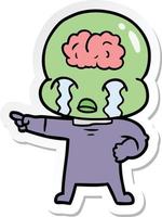 sticker van een cartoon big brain alien die huilt en wijst vector