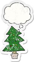 cartoon kerstboom en gedachte bel als een versleten versleten sticker vector