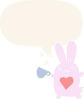 schattige cartoon konijn en liefde hart en koffiekopje en tekstballon in retro stijl vector