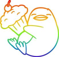 regenbooggradiënt lijntekening cartoon pinguïn met cupcake vector