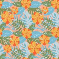 abstractie van blauwe en groene bladeren en oranje bloemen in een vlakke stijl in pastelkleuren. naadloze vector bloemmotief met palm- en bananenbladeren met bloemen. tropische achtergrond.