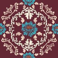 blauwe vintage bloemen met sierlijke patronen op bordeauxrode achtergrond. vintage structuurpatroon. naadloos damastpatroon. vectorillustratie. voor behang, textiel, tegels of inpakpapier. vector