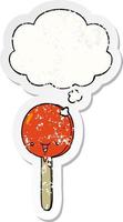 cartoon snoep lolly en gedachte bel als een versleten versleten sticker vector