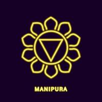 gouden neon manipura chakra. lichtgevend geel symbool van kennis van lichaamsstructuur en macht over verlangens. nabhishthana-remedies voor ziekte en permanent vectorgeluk vector