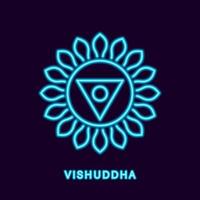 blauwe neon vishuddha chakra. lichtgevend symbool van poort naar bevrijding en rijkdom van yoga. kantha van universele weldoener en vector lange lever