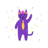 schattig doodle violet arts kat karakter met stropdas geïsoleerd op een witte achtergrond. vector