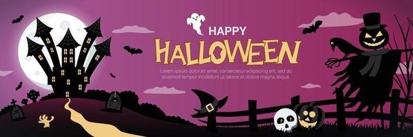 halloween banner met eng kasteel, volle maan en jack lantaarn vogelverschrikker vector