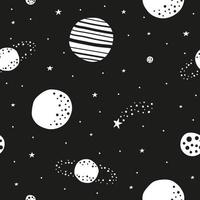 zwart-wit ruimte naadloos patroon met krabbelsterren en planeten. vector