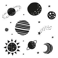 set doodle planeten, sterren, maan, zon pictogrammen geïsoleerd op een witte achtergrond. vector