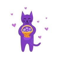 schattige doodle violet kat met een busket van roze bloemen en harten rond geïsoleerd op een witte achtergrond. kan worden gebruikt voor kinderprenten, kaarten, posters, dierenartsklinieken. vector