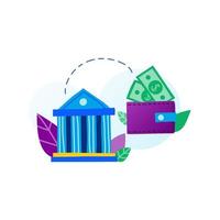 plat doodle bankpictogram, portemonnee met dollarbiljetten en bladeren in paarse, blauwe, groene kleuren geïsoleerd op een witte achtergrond. geldtransacties en betalingen concept. vector