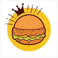 koning van krokante kip hamburger pictogram logo illustratie met kroon vector