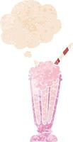 cartoon milkshake en gedachte bel in retro getextureerde stijl vector
