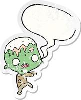 schattige cartoon zombie en tekstballon verontruste sticker vector