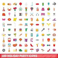 100 vakantie feest iconen set, cartoon stijl vector