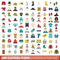 100 kleding iconen set, vlakke stijl vector