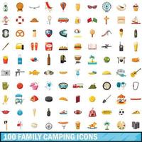 100 familie camping iconen set, cartoon stijl vector