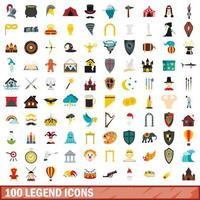 100 legende iconen set, vlakke stijl vector