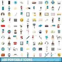 100 draagbare iconen set, cartoon stijl vector