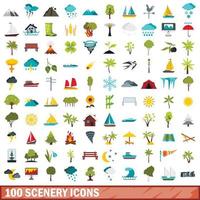 100 landschap iconen set, vlakke stijl vector
