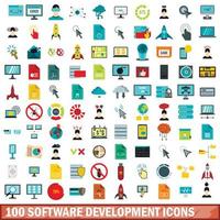 100 softwareontwikkeling iconen set, vlakke stijl vector