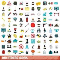 100 stress iconen set, vlakke stijl vector