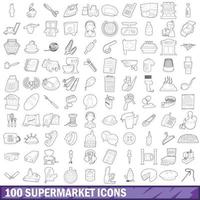 100 supermarkt iconen set, Kaderstijl vector