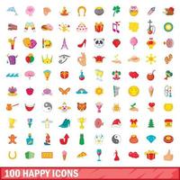 100 gelukkig iconen set, cartoon stijl vector