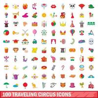 100 reizende circus iconen set, cartoon stijl vector