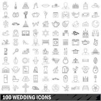 100 bruiloft iconen set, Kaderstijl vector