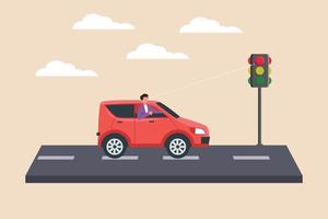 man die een auto stopt vanwege rood licht op straat. weg of verkeersconcept. platte vectorillustratie geïsoleerd. vector