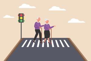 de grootouders lopen op een zebrakruis in de straat. weg of verkeersconcept. platte vectorillustratie geïsoleerd. vector