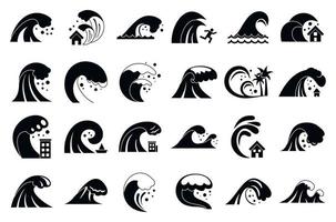 tsunami iconen set, eenvoudige stijl vector