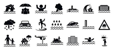overstroming iconen set, eenvoudige stijl vector