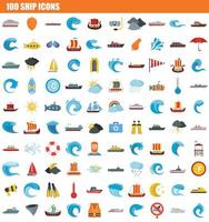 100 schip pictogrammenset, vlakke stijl vector