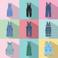 overalls werkkleding iconen set, vlakke stijl vector