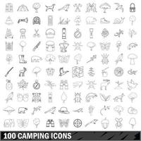 100 camping iconen set, Kaderstijl vector