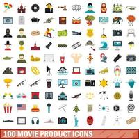 100 film product iconen set, vlakke stijl vector