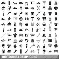 100 toeristenkamp iconen set, eenvoudige stijl vector