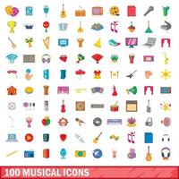 100 muzikale iconen set, cartoon stijl vector