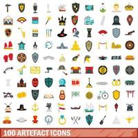 100 artefact iconen set, vlakke stijl vector